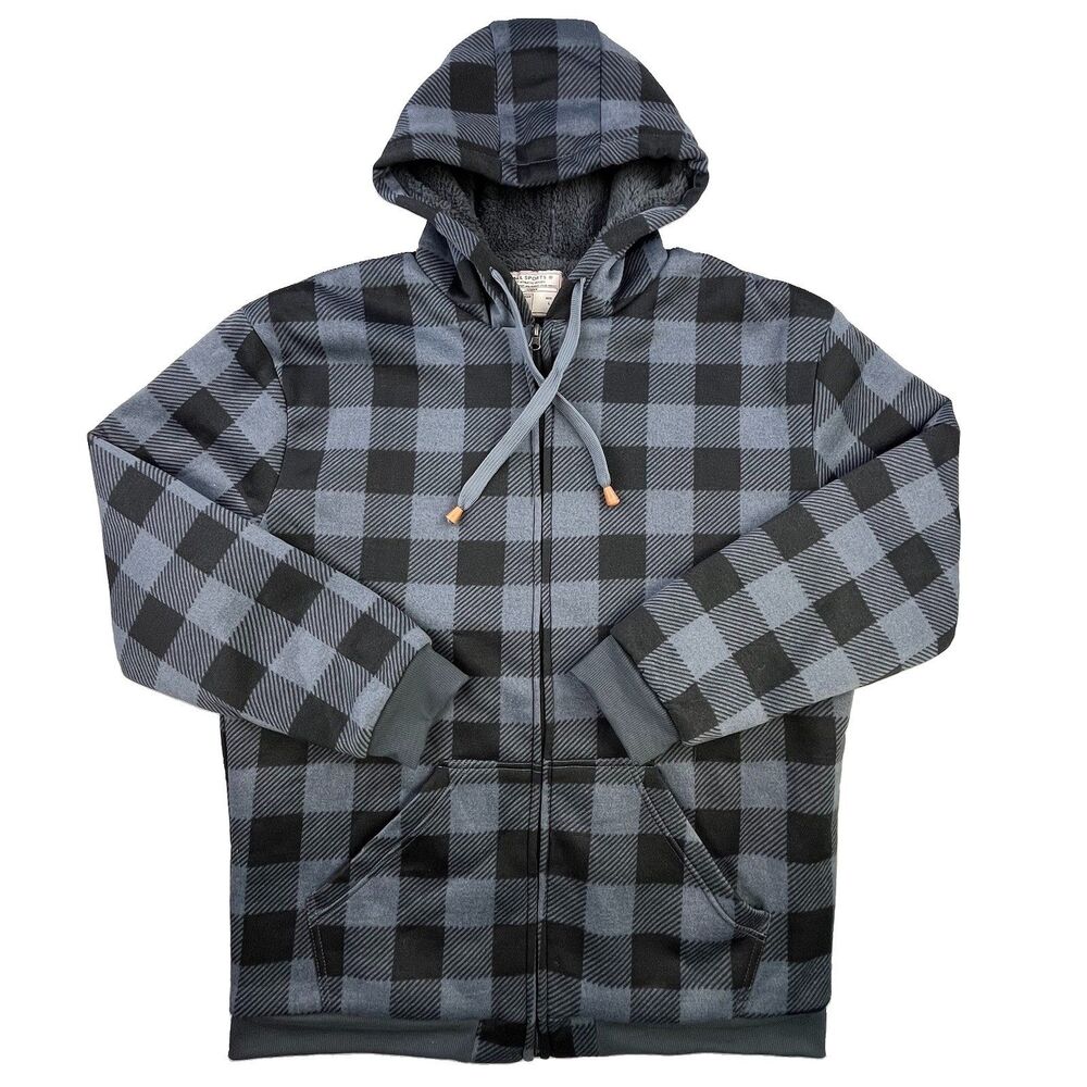 Big Ball Sports Hoodie Mens L Buffalo Plaid Fleece Lined Full Zip Jacket Pockets